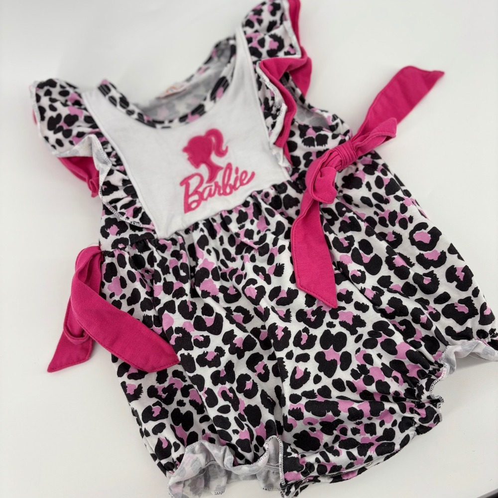 Barbie Leopard Print Romper Kids 18M Pink Excellent Ruffle Sleeve‎ Bow Detail